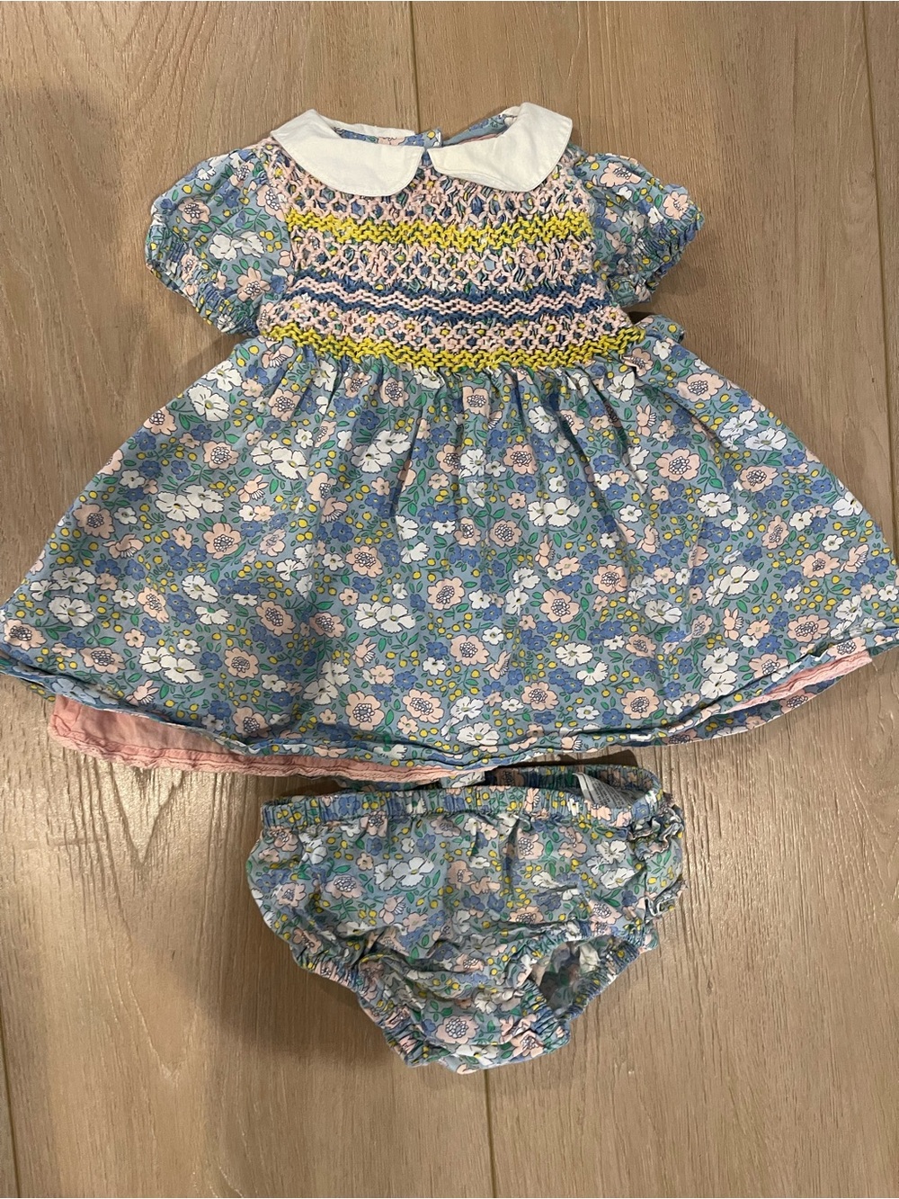 Baby Boden Blue Floral Smocked Baby Dress with Bloomers